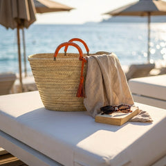 Woven Palm Leaf Market Basket Leather Handles Tassel