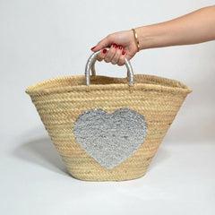 Sequin Heart Straw Beach Tote | Glamorous Glitter Handle Summer Bag