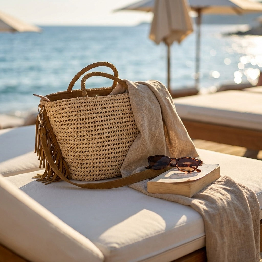 Boho Woven Straw Tote Bag with Suede Fringe & Detachable Strap
