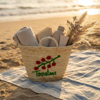 Tomato Embroidered Straw Basket - Handmade Woven Market Tote Bag