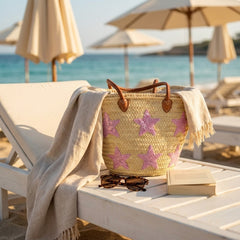 Pink Star Embroidered Straw Tote Bag - Summer Beach & Market Carryall