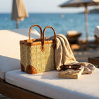 French Market Basket with Leather Handles - Woven Straw Tote Bag