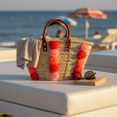 Handmade Moroccan Straw Tote Bag with Pom Poms & Sequins