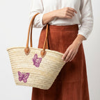 Butterfly Straw Tote Bag French Market Basket Double Leather Handles