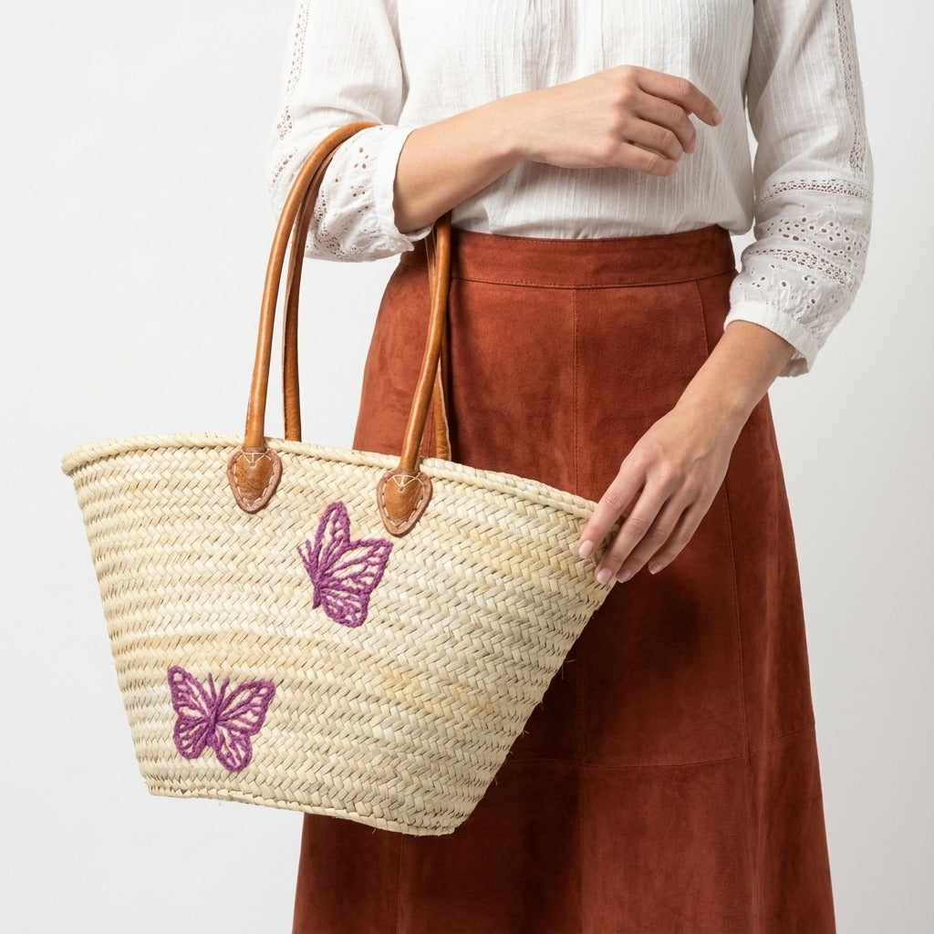Butterfly Straw Tote Bag French Market Basket Double Leather Handles