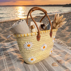 Daisy Embroidered Straw Tote Bag - Woven Summer Beach Basket