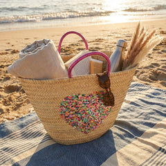 Sequin Heart Straw Beach Tote | Glamorous Glitter Handle Summer Bag