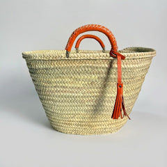 Woven Palm Leaf Market Basket Leather Handles Tassel