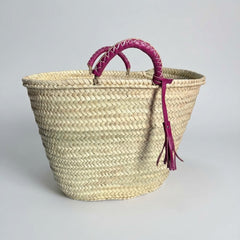 Woven Palm Leaf Market Basket Leather Handles Tassel