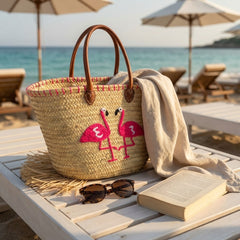 Handwoven Flamingo Straw Tote Bag with Leather Straps