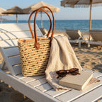 Woven Straw Tote Bag with Leather Handles Summer Beach Market Basket