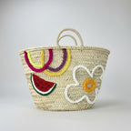 Straw Market Basket with Embroidered Flower and Watermelon Design