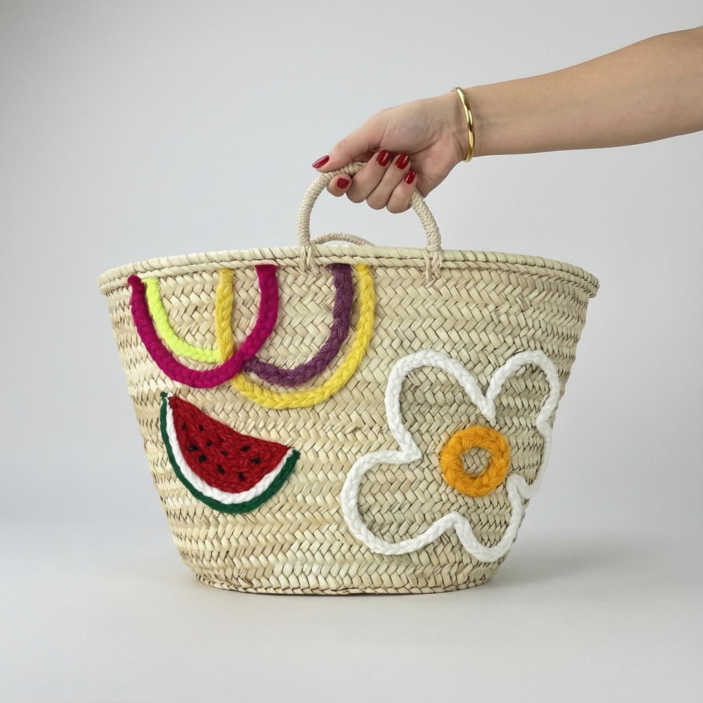 Straw Market Basket with Embroidered Flower and Watermelon Design