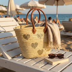Gold Glitter Heart Straw Tote Bag with Leather Handles - Summer Beach Handbag