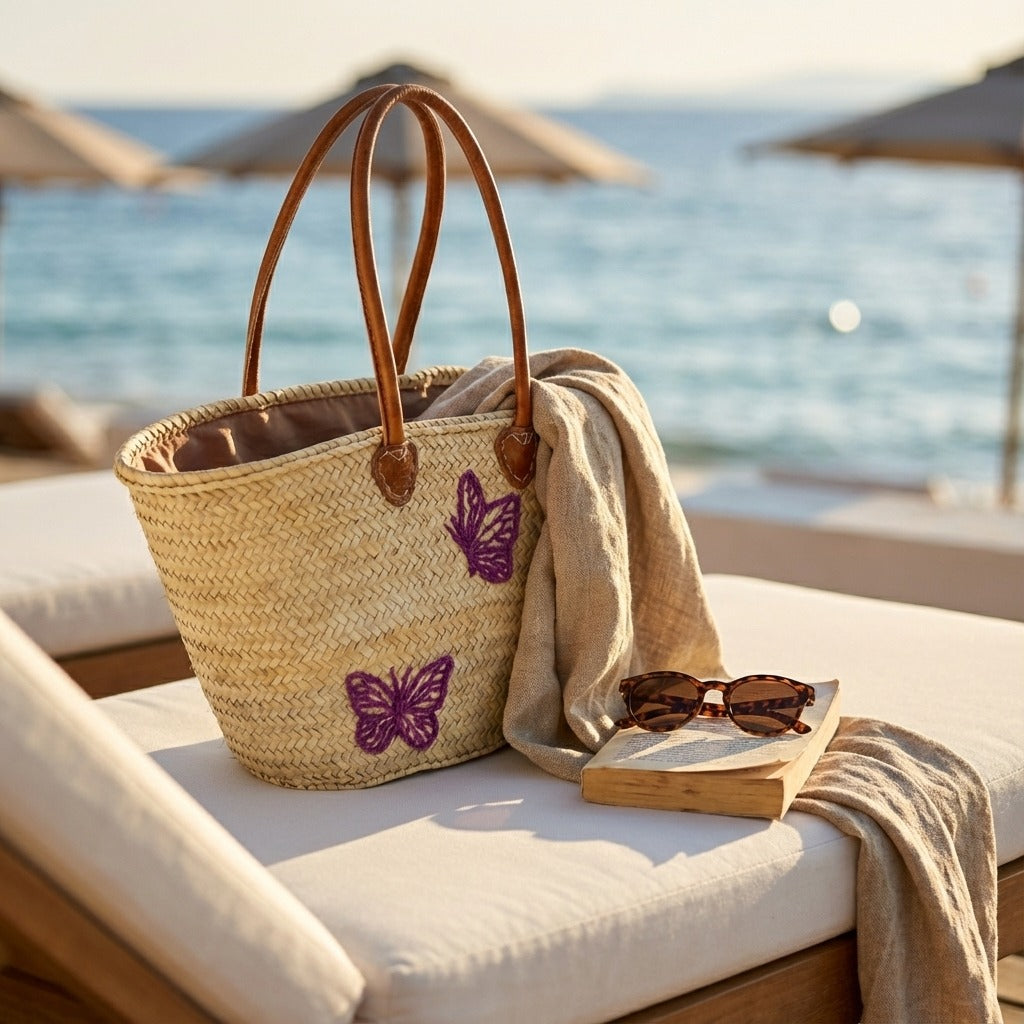 Butterfly Straw Tote Bag French Market Basket Double Leather Handles