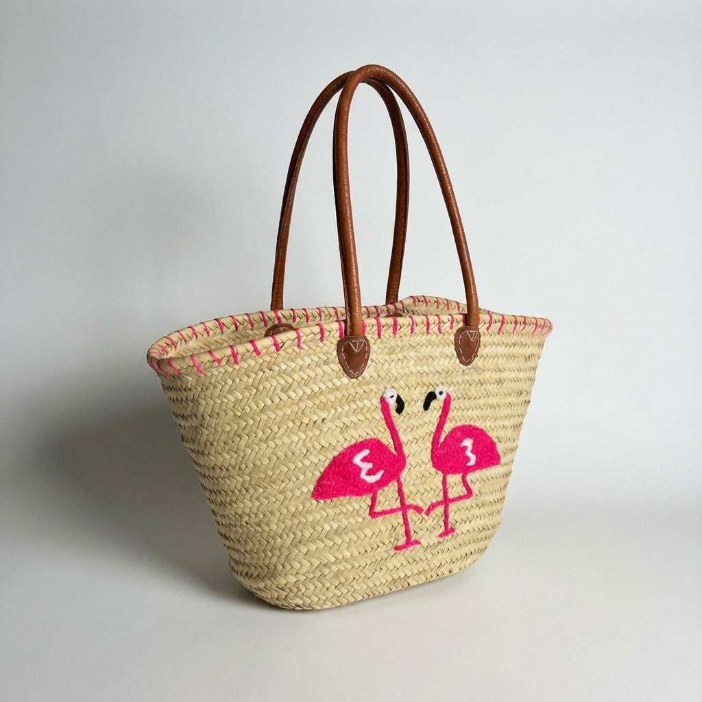 Flamingo Straw Tote Bag, Embroidered Summer Beach Basket Leather Handles