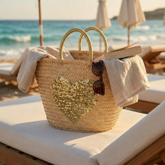 Sequin Heart Straw Beach Tote | Glamorous Glitter Handle Summer Bag