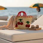 Woven Straw Cherry Basket Tote Bag with Red Pom Pom Details