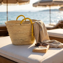 Woven Palm Leaf Market Basket Leather Handles Tassel