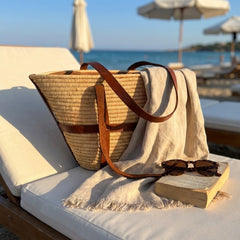 Raffia Market Basket Tote – Real Leather Straps, Woven Straw