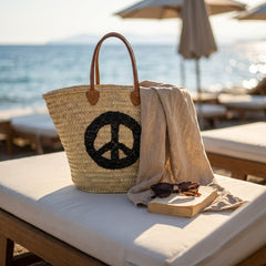 Sequin Peace Sign Straw Market Tote Bag Leather Handles