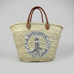 Sequin Peace Sign Straw Market Tote Bag Leather Handles