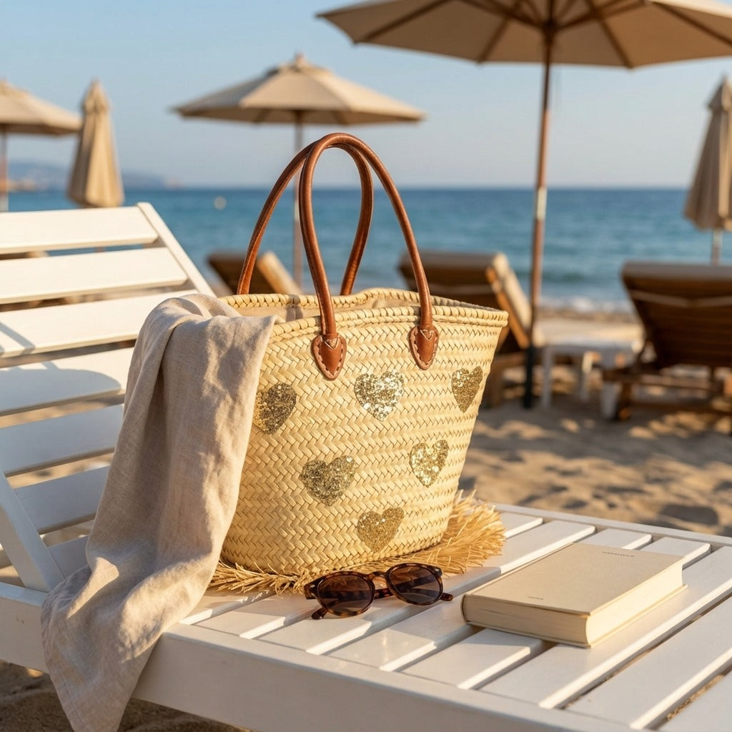 Gold Sequin Heart Straw Market Basket French Tote Bag