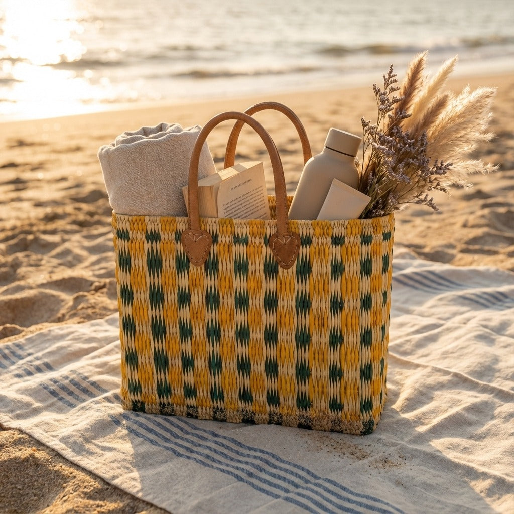 Handmade Reed Market Basket Tote Bag - Orange Green Geometric Pattern