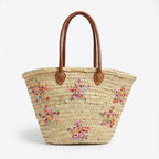 Star Embroidered Straw Tote Bag - Woven French Market Basket