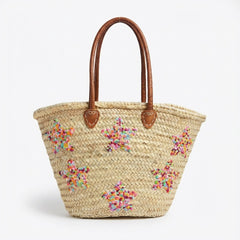 Bohemian Straw Beach Tote with Embroidered Stars - Handcrafted Summer Essential