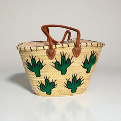 Embroidered Cactus Straw Tote Bag with Leather Handles - Summer Beach & Market Carryall