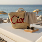 Ciao Embroidered Straw Tote Bag - Woven Lemon Beach Basket Handbag