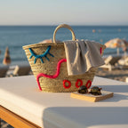 Embroidered Straw Tote Bag Woven Market Basket with Eye & Wave Design