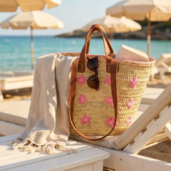Floral Embroidered Straw Beach Bag with Leather Handles