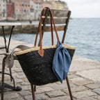 Sequin Straw Tote Bag with Leather Handles - Large Beach Basket