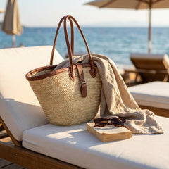 Chic Woven Straw Tote Bag with Leather Handles & Buckle
