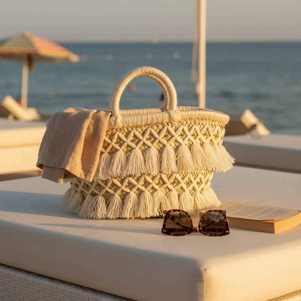 Woven Straw Tote Bag Macrame Fringe Boho Beach Basket