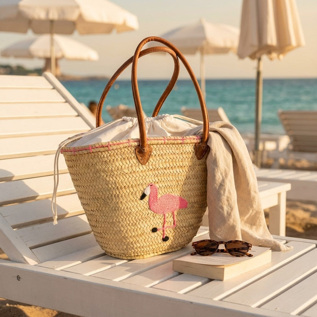 Flamingo Straw Beach Bag Woven Tote with Leather Handles