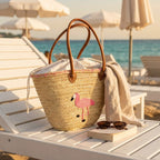 Flamingo Straw Beach Bag Woven Tote with Leather Handles
