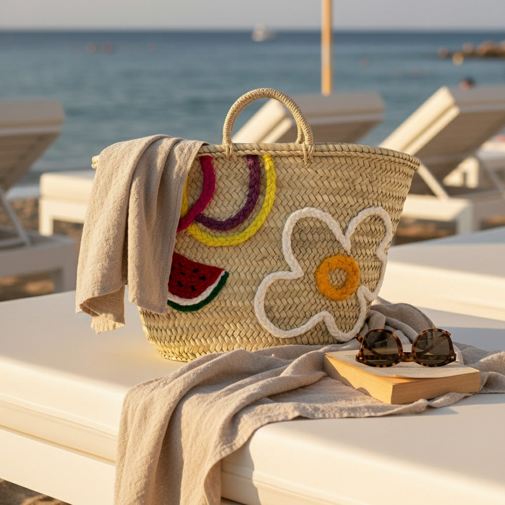 Straw Market Basket with Embroidered Flower and Watermelon Design
