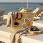 Straw Market Basket with Embroidered Flower and Watermelon Design