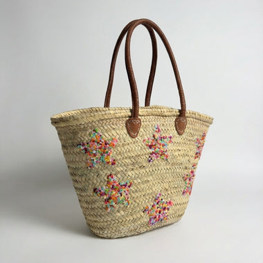Bohemian Straw Beach Tote with Embroidered Stars - Handcrafted Summer Essential