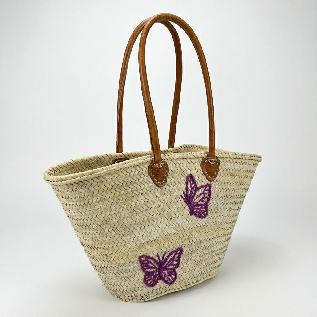 Butterfly Straw Tote Bag French Market Basket Double Leather Handles