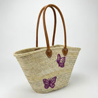 Butterfly Straw Tote Bag French Market Basket Double Leather Handles