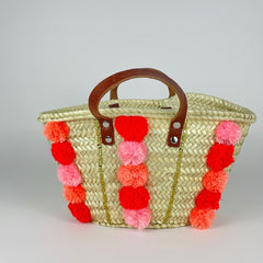 Handmade Moroccan Straw Tote Bag with Pom Poms & Sequins
