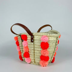 Handmade Moroccan Straw Tote Bag with Pom Poms & Sequins