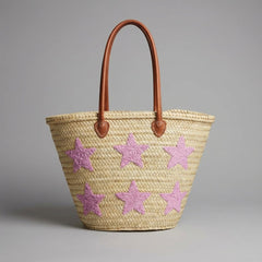 Pink Star Embroidered Straw Tote Bag - Summer Beach & Market Carryall