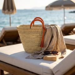 Woven Palm Leaf Market Basket Leather Handles Tassel