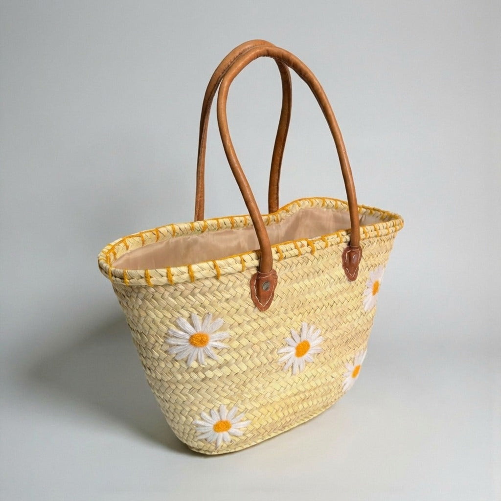 Daisy Embroidered Straw Beach Bag - Summer Woven Tote