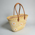 Daisy Embroidered Straw Tote Bag - Woven Summer Beach Basket